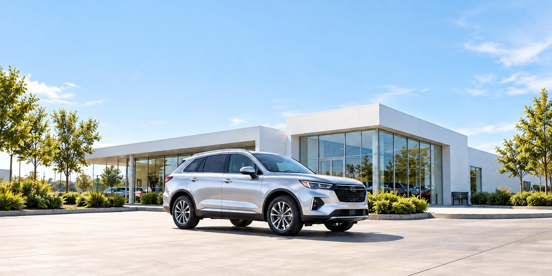 A silver crossover parked outside a bright, modern dealership